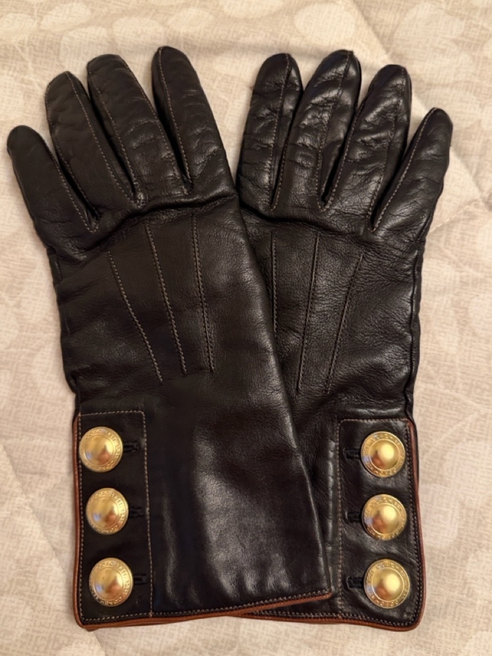 Coach Chocolate Brown  Leather  Gloves with Gold-Tone Button Accents
